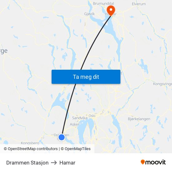 Drammen Stasjon to Hamar map
