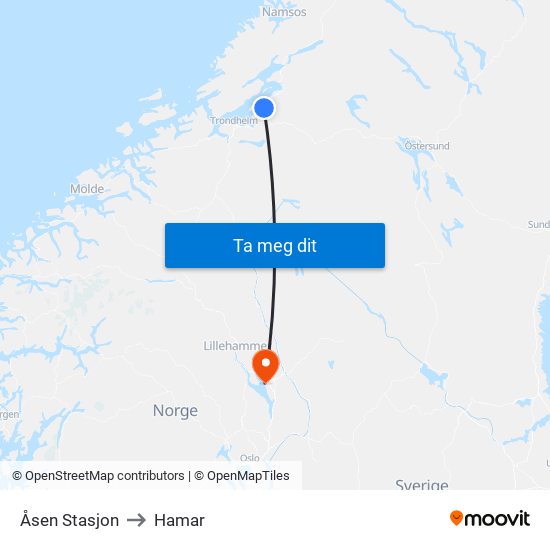 Åsen Stasjon to Hamar map