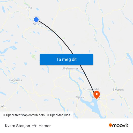 Kvam Stasjon to Hamar map