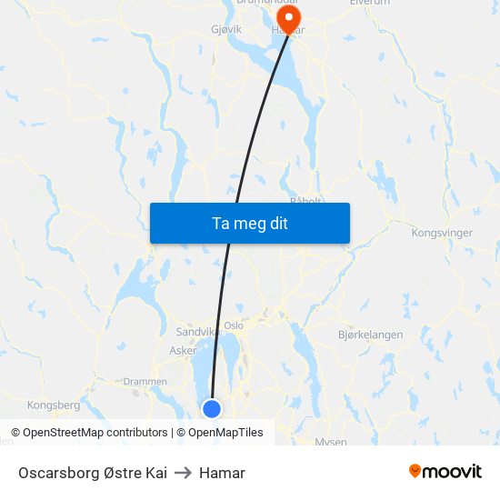 Oscarsborg Østre Kai to Hamar map
