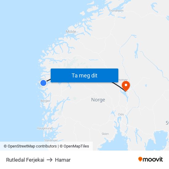 Rutledal Ferjekai to Hamar map