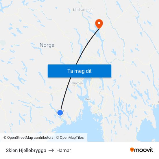 Skien Hjellebrygga to Hamar map