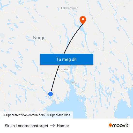 Skien Landmannstorget to Hamar map