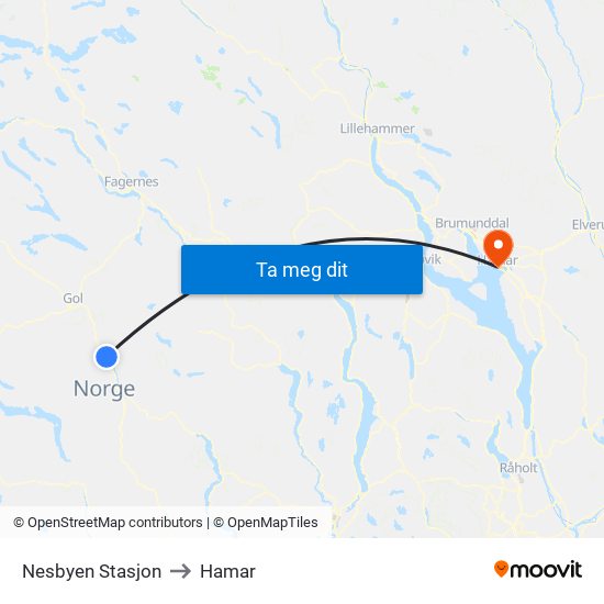 Nesbyen Stasjon to Hamar map