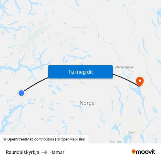 Raundalskyrkja to Hamar map