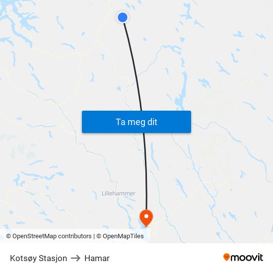 Kotsøy Stasjon to Hamar map