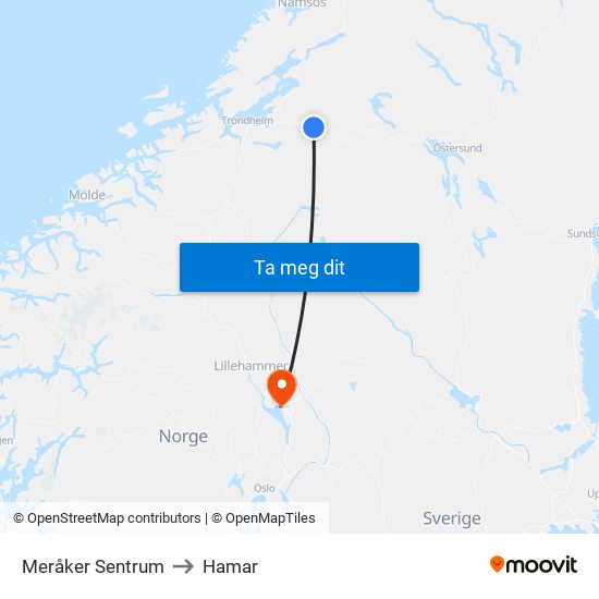 Meråker Sentrum to Hamar map