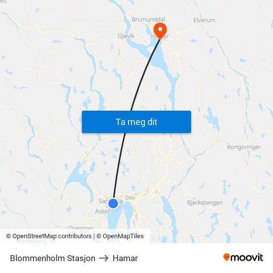 Blommenholm Stasjon to Hamar map