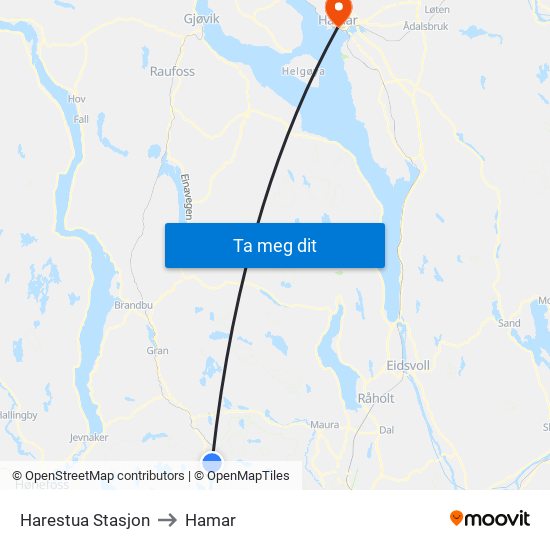 Harestua Stasjon to Hamar map