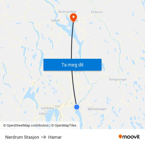 Nerdrum Stasjon to Hamar map