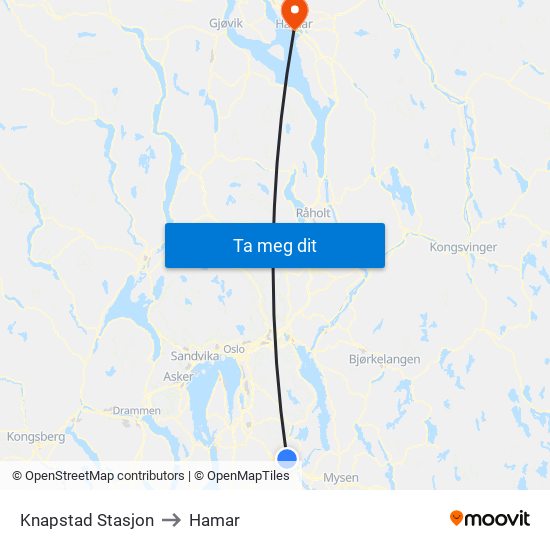 Knapstad Stasjon to Hamar map