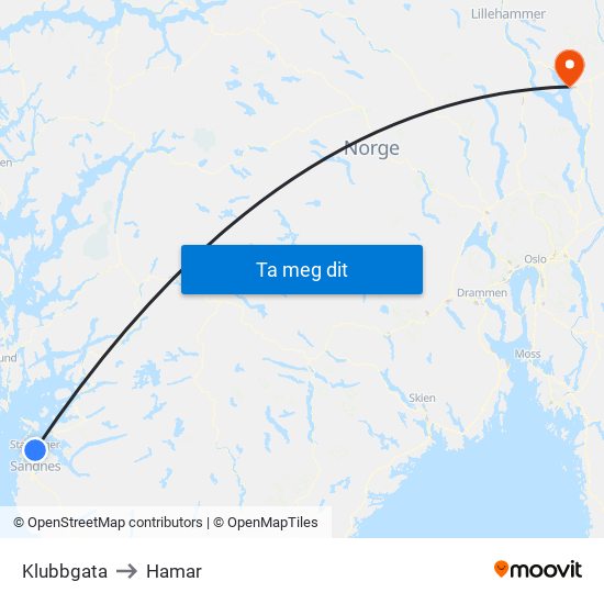 Klubbgata to Hamar map