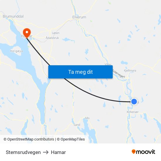 Stemsrudvegen to Hamar map