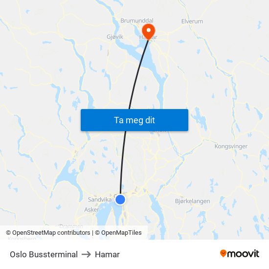 Oslo Bussterminal to Hamar map