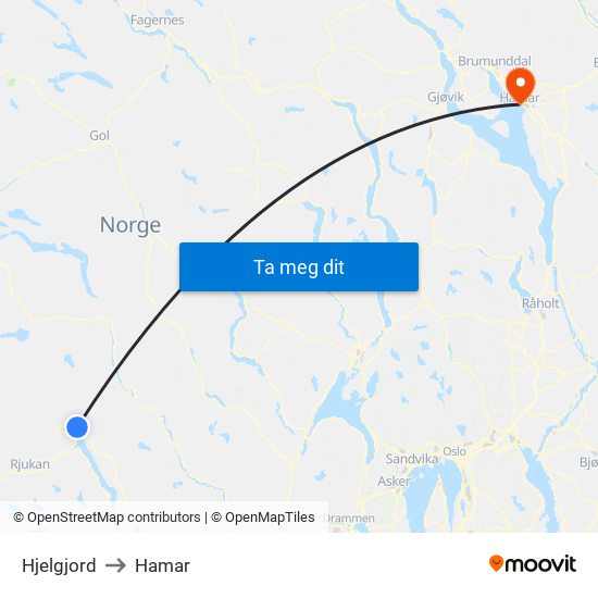 Hjelgjord to Hamar map