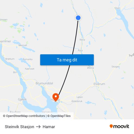 Steinvik Stasjon to Hamar map