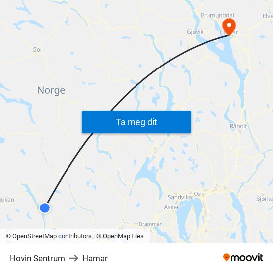 Hovin Sentrum to Hamar map