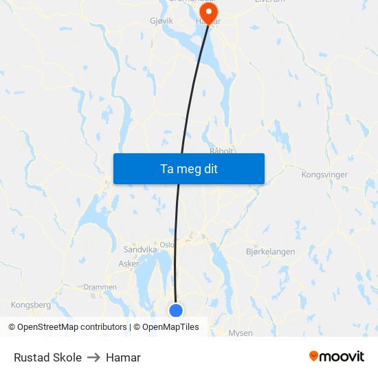 Rustad Skole to Hamar map