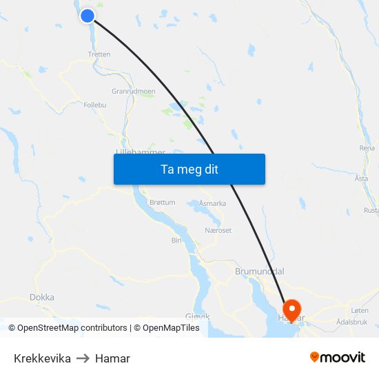 Krekkevika to Hamar map
