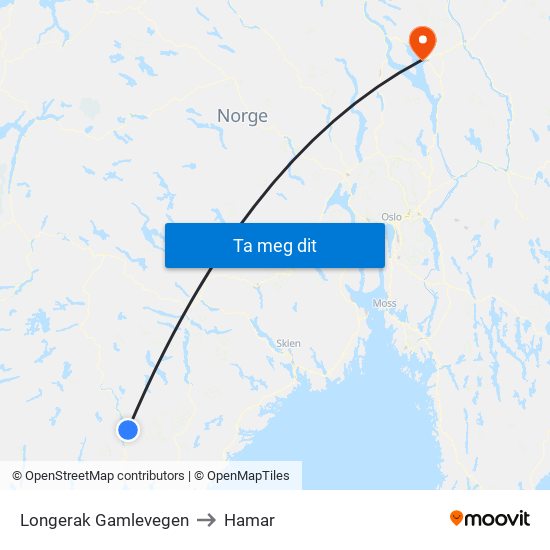 Longerak Gamlevegen to Hamar map