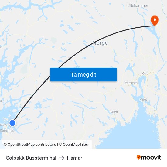 Solbakk Bussterminal to Hamar map