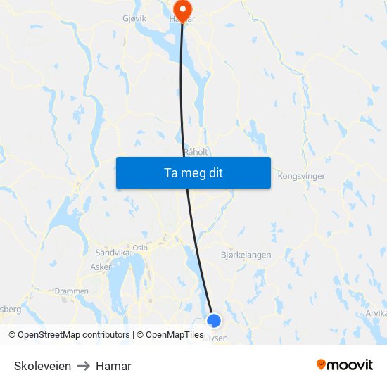 Skoleveien to Hamar map