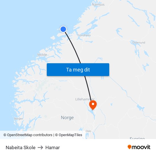 Nabeita Skole to Hamar map