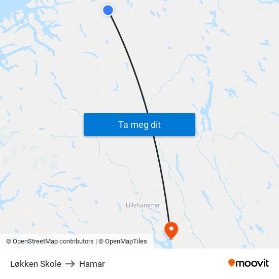 Løkken Skole to Hamar map
