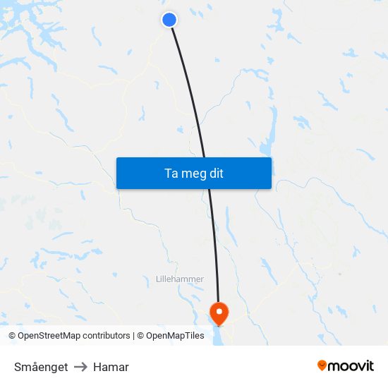 Småenget to Hamar map