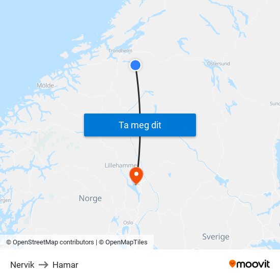 Nervik to Hamar map