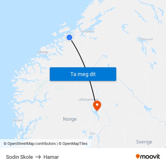 Sodin Skole to Hamar map