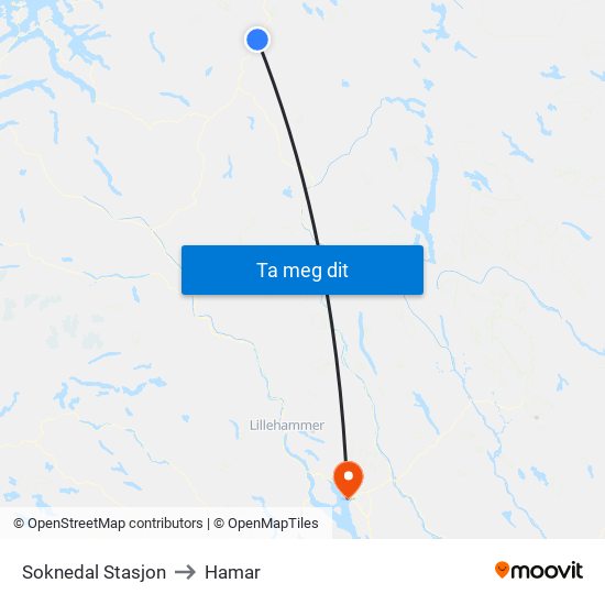 Soknedal Stasjon to Hamar map
