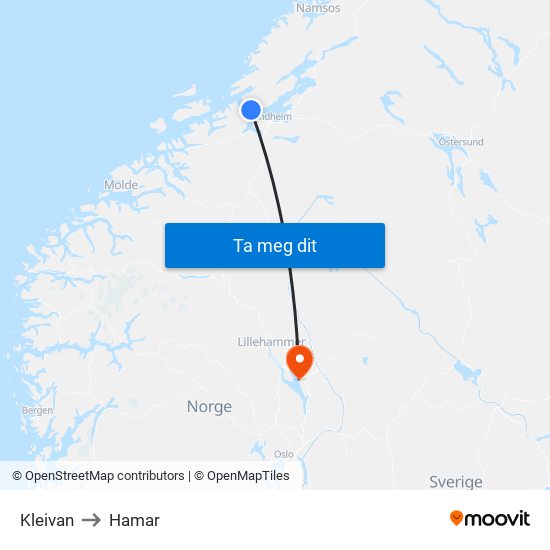 Kleivan to Hamar map