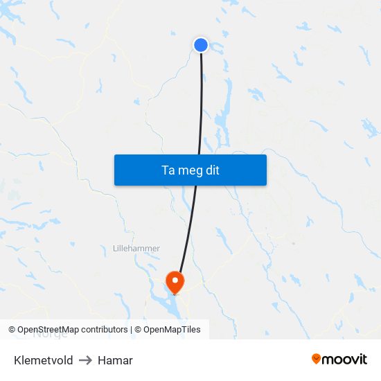 Klemetvold to Hamar map