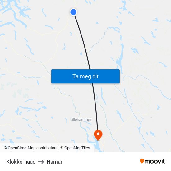 Klokkerhaug to Hamar map