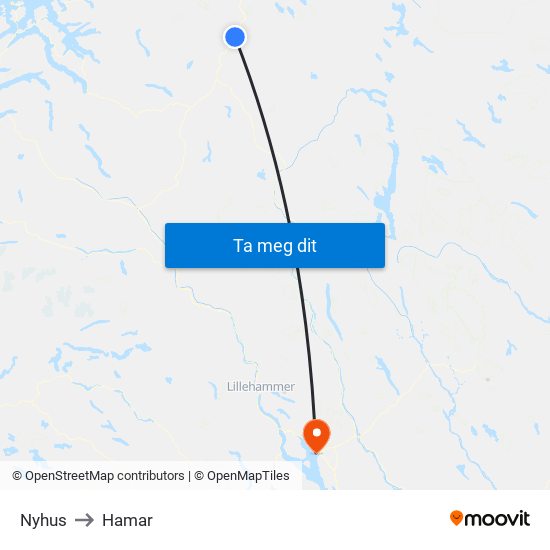 Nyhus to Hamar map