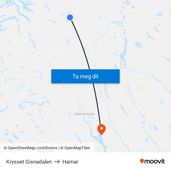 Krysset Gisnadalen to Hamar map