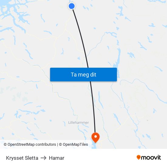Krysset Sletta to Hamar map