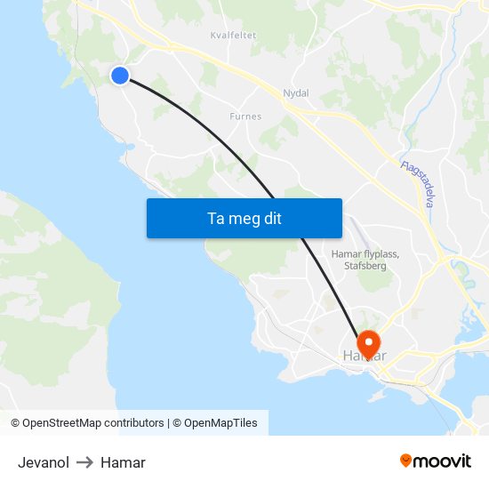 Jevanol to Hamar map