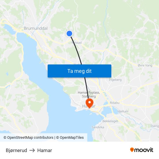 Bjørnerud to Hamar map