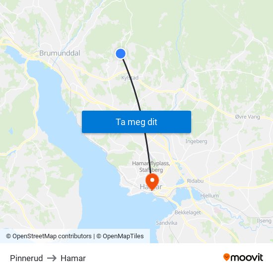 Pinnerud to Hamar map