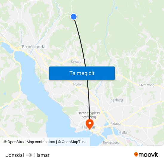 Jonsdal to Hamar map