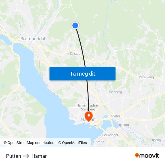 Putten to Hamar map