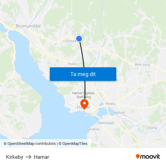 Kirkeby to Hamar map