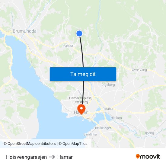 Høisveengarasjen to Hamar map