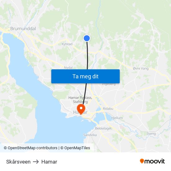 Skårsveen to Hamar map