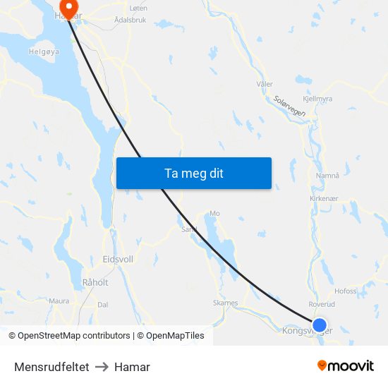 Mensrudfeltet to Hamar map