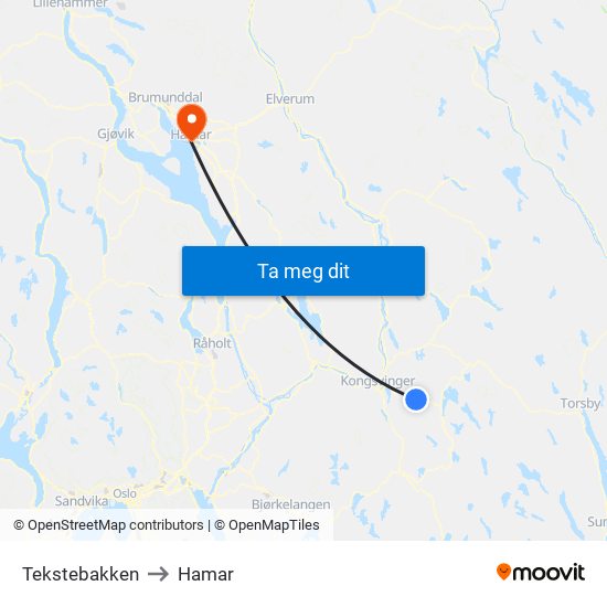 Tekstebakken to Hamar map