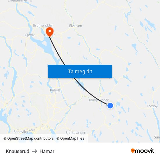Knauserud to Hamar map