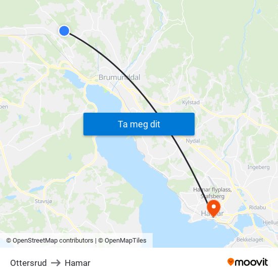 Ottersrud to Hamar map